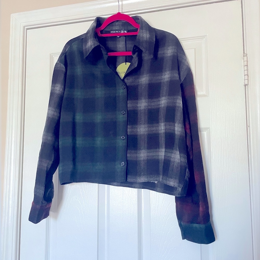 Dolls Kill Black and Green Plaid Button Down Shirt